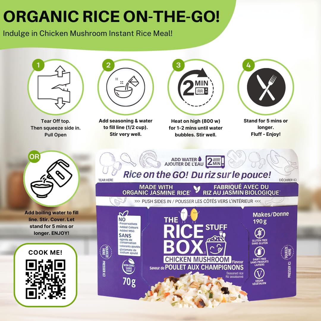 The Rice Stuff Box - Chicken Mushroom Instant Rice Meals, 6-Pack, Organic Jasmine Rice, Non-Gmo, Gluten-Free, Vegan, Dairy-Free