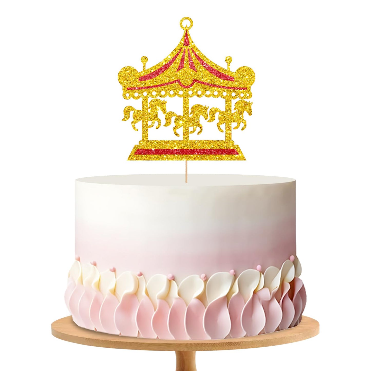 MINIYEYE Carousel Cake Topper, Gold Glitter Horse Decor for Baby Shower, Carnival Theme, Pink