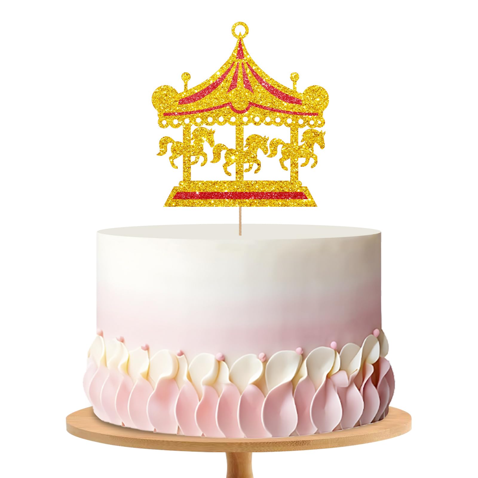 MINIYEYE Carousel Cake Topper, Gold Glitter Horse Decor for Baby Shower, Carnival Theme, Pink