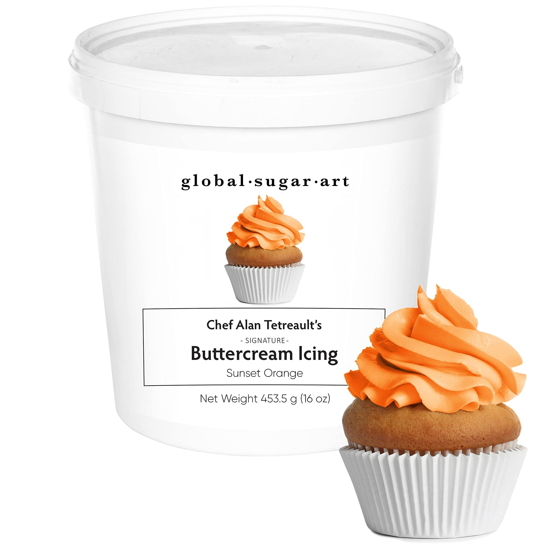 Global Sugar Art Orange Buttercream Frosting – Firm Icing for Cakes & Cupcakes, 16 Ounce Tub, Sunset Orange