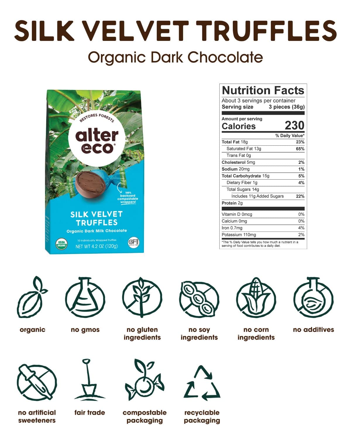 Alter Eco | Silk Velvet Truffles | 39% Pure Dark Cocoa, Fair Trade, Organic, Non-GMO, Gluten Free Dark Chocolate Truffles (10 Co