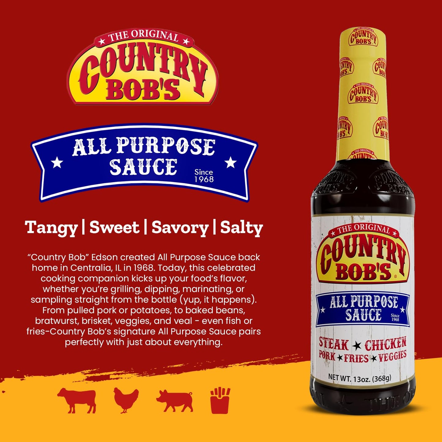 Country Bob'S The Original All Purpose Sauce - Tangy Sweet Savory Flavor, Grilling, Marinating, Enhances Meat, Veggies, Fish, 13