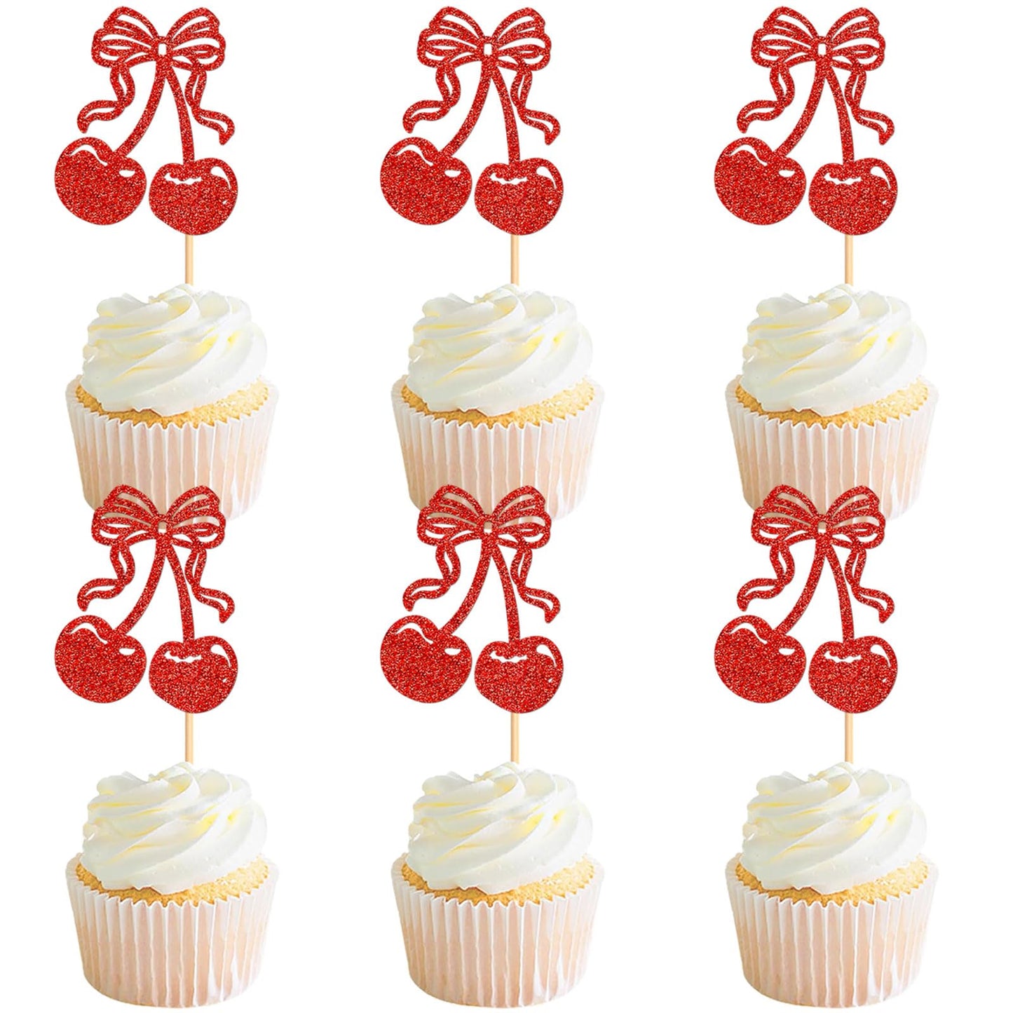 Cyodoos Cherry Cupcake Toppers, 24 Pcs Fruit Theme Decorations for Kids Birthday Party, Red