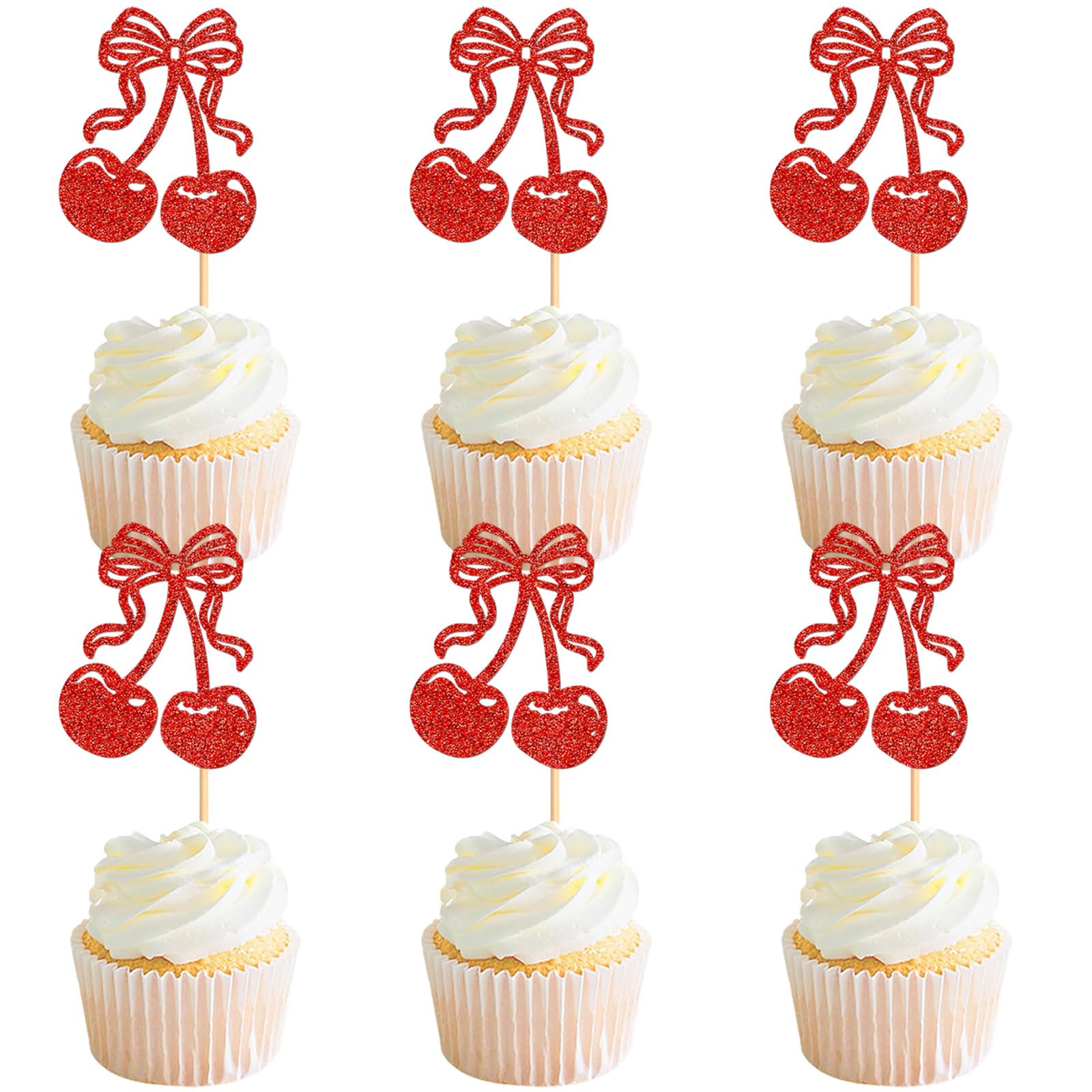 Cyodoos Cherry Cupcake Toppers, 24 Pcs Fruit Theme Decorations for Kids Birthday Party, Red