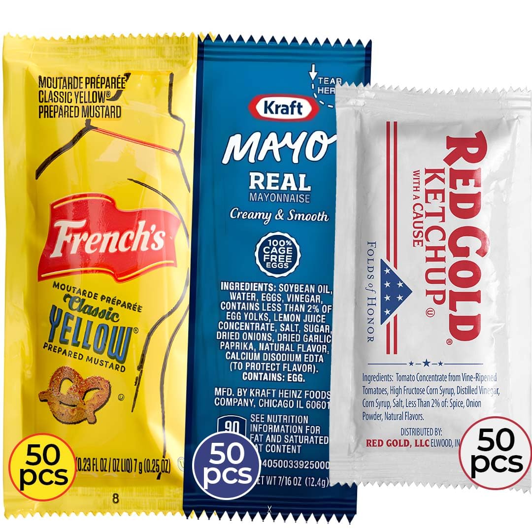 Individual Condiment Packets Variety Pack 150-Count - 50 Packs Of Each: Ketchup Packets  Mayo Packets And Mustard Packets Single Serve - Perfect Mini Tpartyl Condiments For Bbq  Picnic  Events