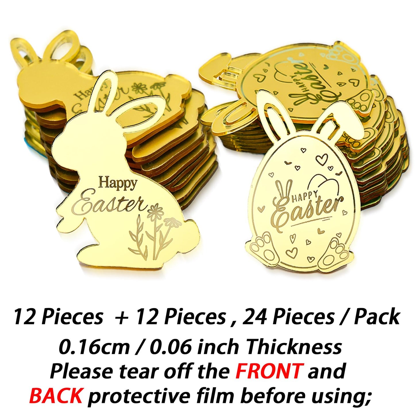 Aiqi Bakes 24 Pieces Happy Easter Bunny Cupcake Toppers, Rabbit Ears Egg Gold Mirror Acrylic Cake Toppers For Easter Spring Them
