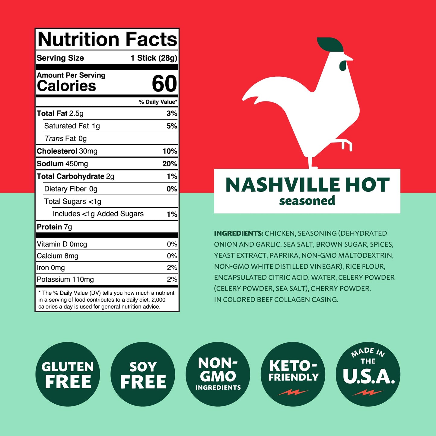 Mighty Spark Chicken Snack Sticks - Nashville Hot - 6G Of Protein, No Antibiotics, No Hormones, Gluten Free, Soy Free Meat Stick