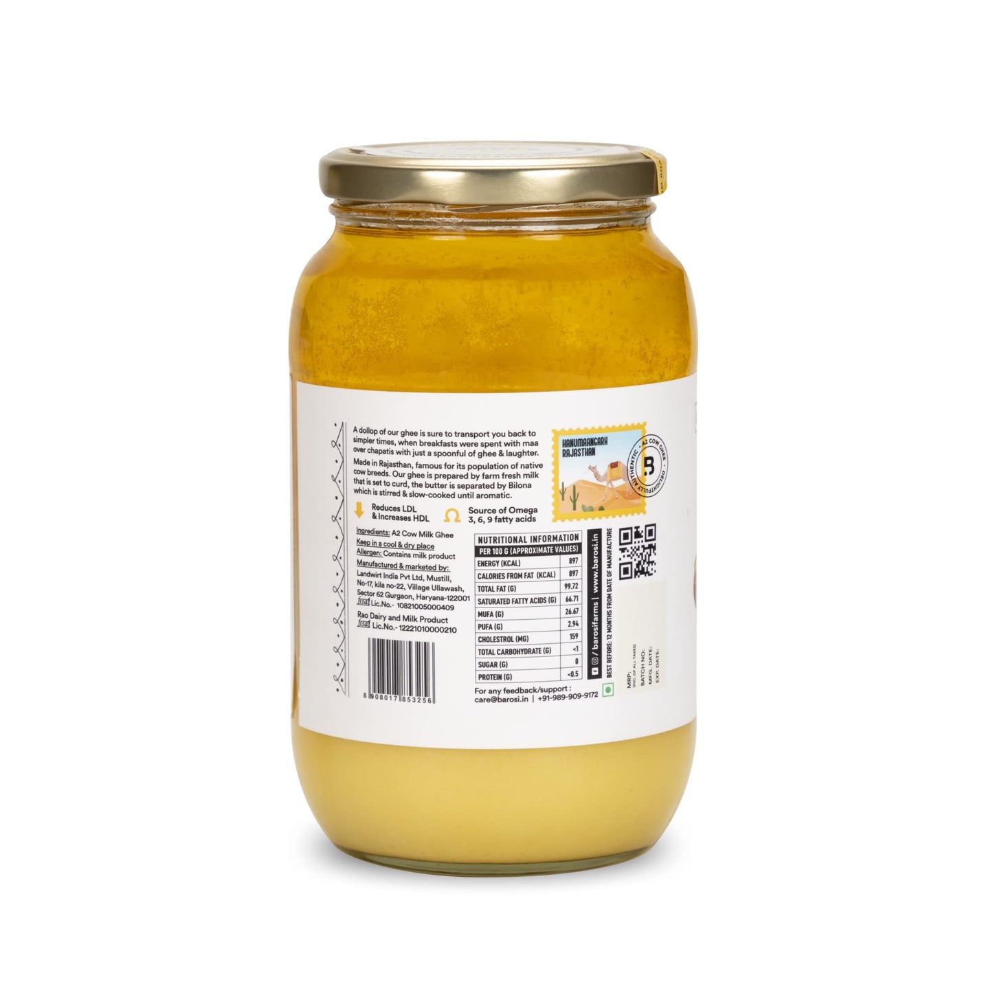 Barosi Enhanced A2 Cow Ghee 1 Litre | A2 Danedar Desi Ghee | Churned From Curd With Bilona Method | Pure & Aromatic | Organic, Farm Made In Small Batches | Glass Jar