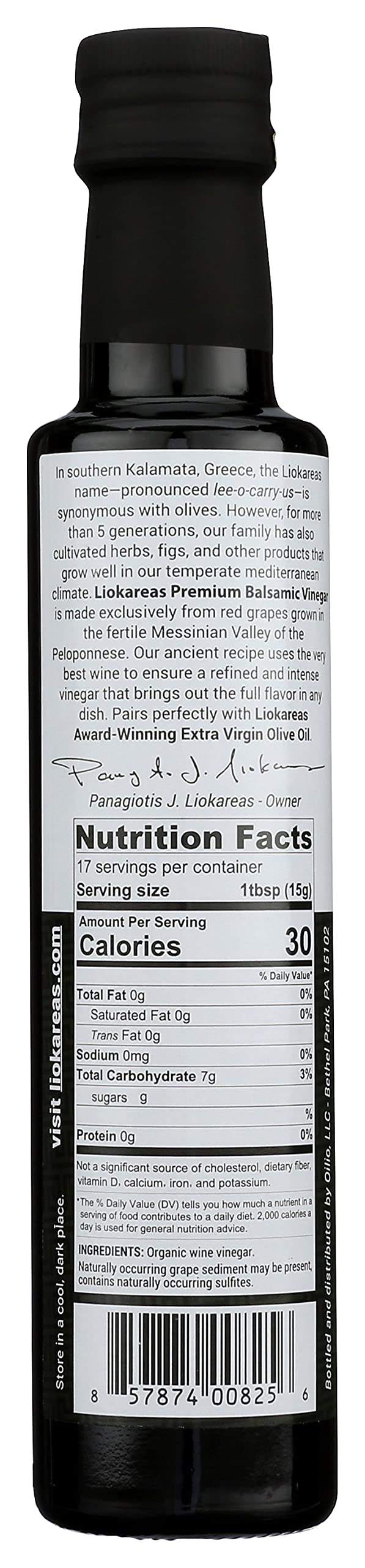 Liokareas Organic Greek Balsamic Vinegar - NonGMO, Gluten Free, Thick, 8.45 Fl Oz, Intense Dark Red