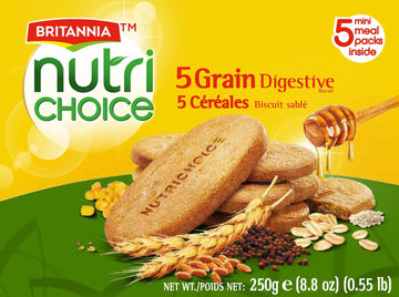 Britannia Nutri Choice 5 Grain Digestive Biscuits 8.81Oz (250G) - Healthy Breakfast & Tea Time Snacks (Pack Of 2)