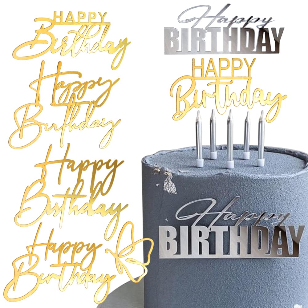 6 Packs Happy Birthday Cake Toppers Side Mirror Acrylic Cake Topper Happy Birthday Cake Decorations Gold Cupcake Toppers Cake De