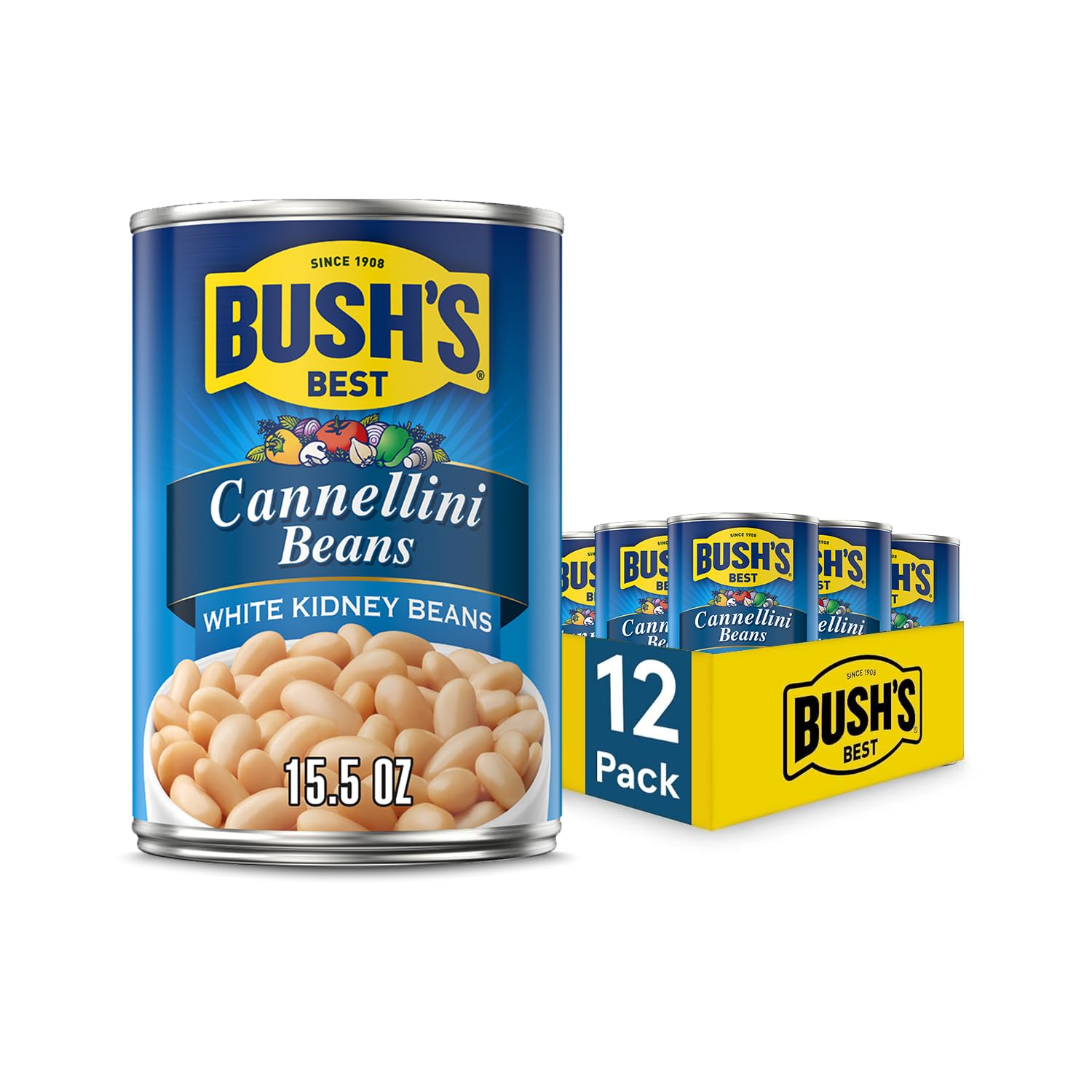 BUSH S BEST 15.5 oz Canned Cannellini Beans, Source of Plant Based Protein and Fiber, Low Fat, Gluten Free, (Pack of 12)