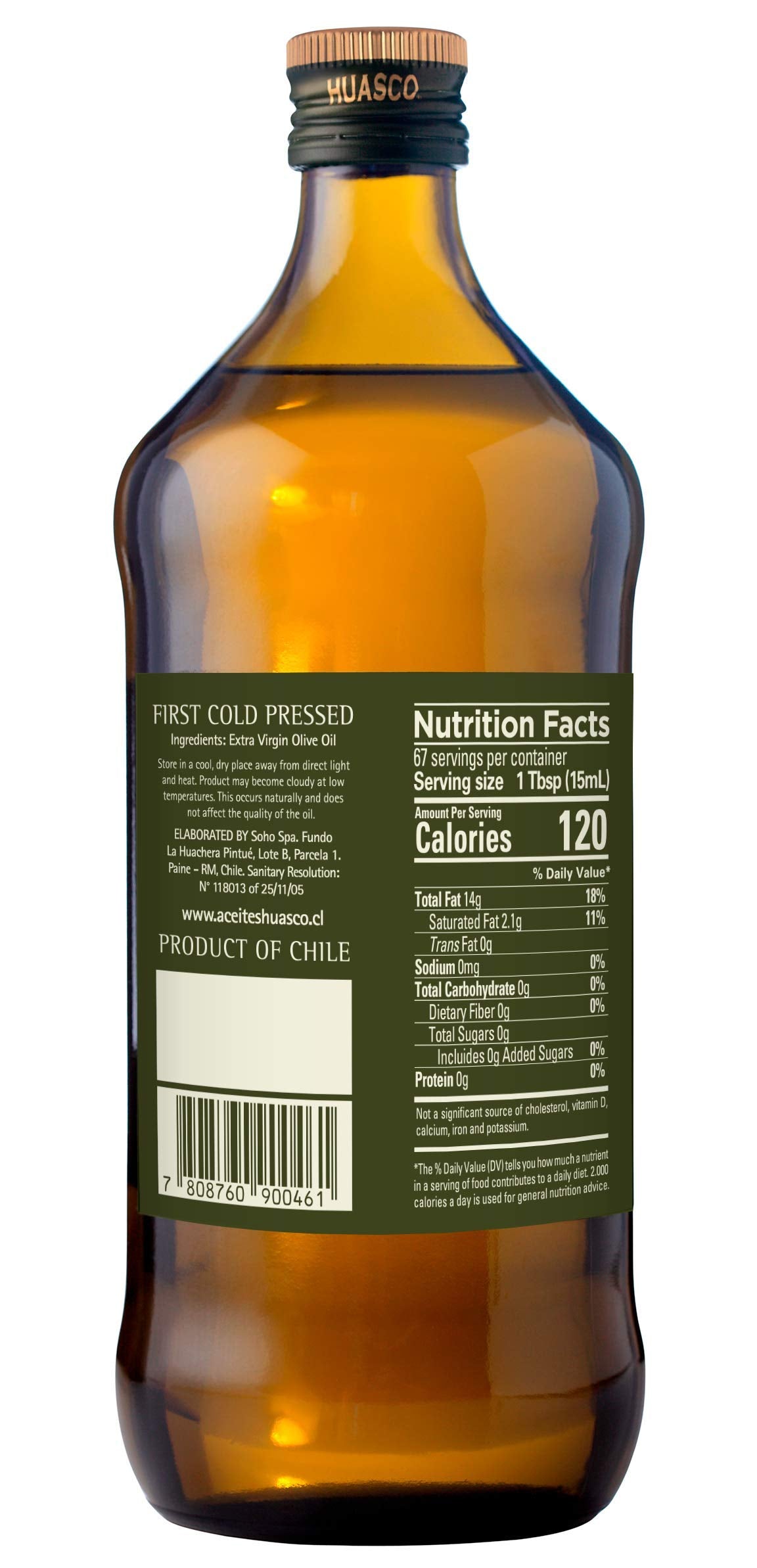Extra Virgin Olive Oil By Huasco |First Cold Press - From Chile, 33.8 Fl Oz (1000 Ml)