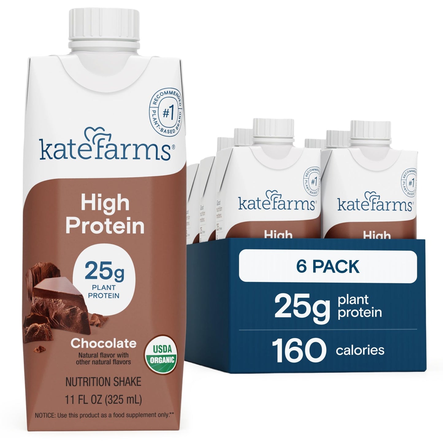 KATE FARMS Organic High Protein Chocolate Nutrition Shake  25g Protein  6g Fiber  27 Vitamins and Minerals  0g Sugar  Protein Drink  11 oz (6 Pack)