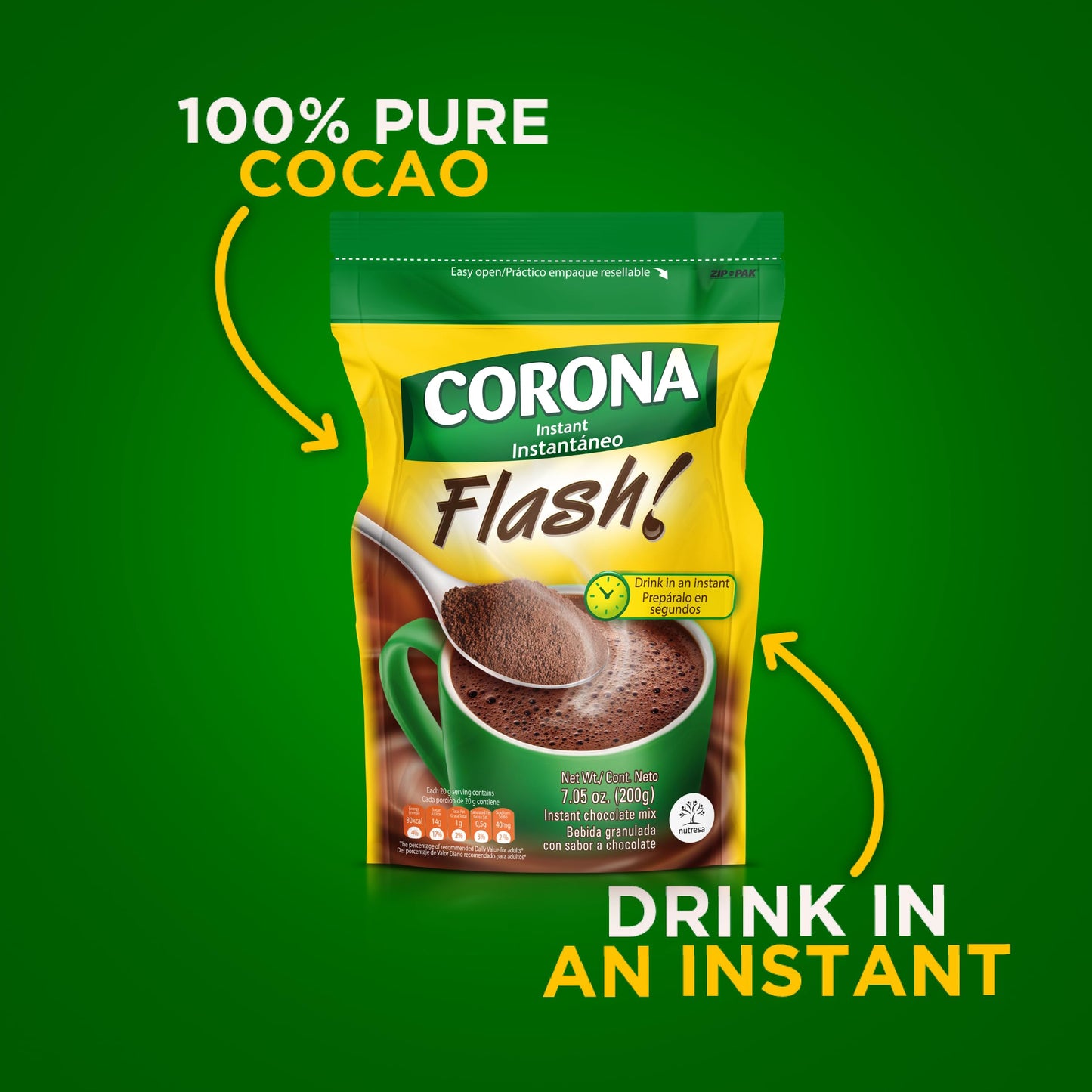 Corona Flash Instant Drink Mix, Amazing Texture & Flavor, 100% Pure Cocoa, Enjoy Anytime,7.05 Ounce (Pack of 1)