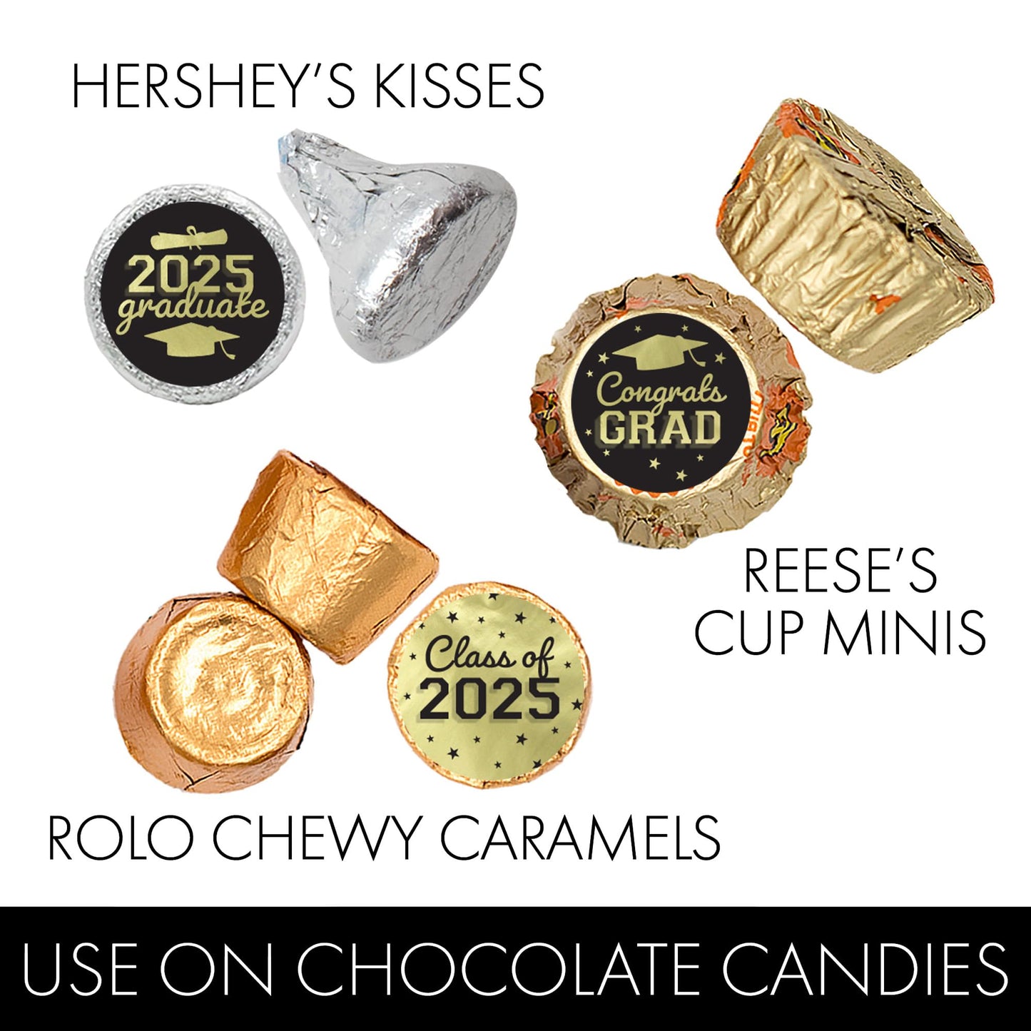 Black And Gold Graduation Party Stickers For Kisses Candy, Chocolate Drops, 2025 Grad Party Favors - 180 Count