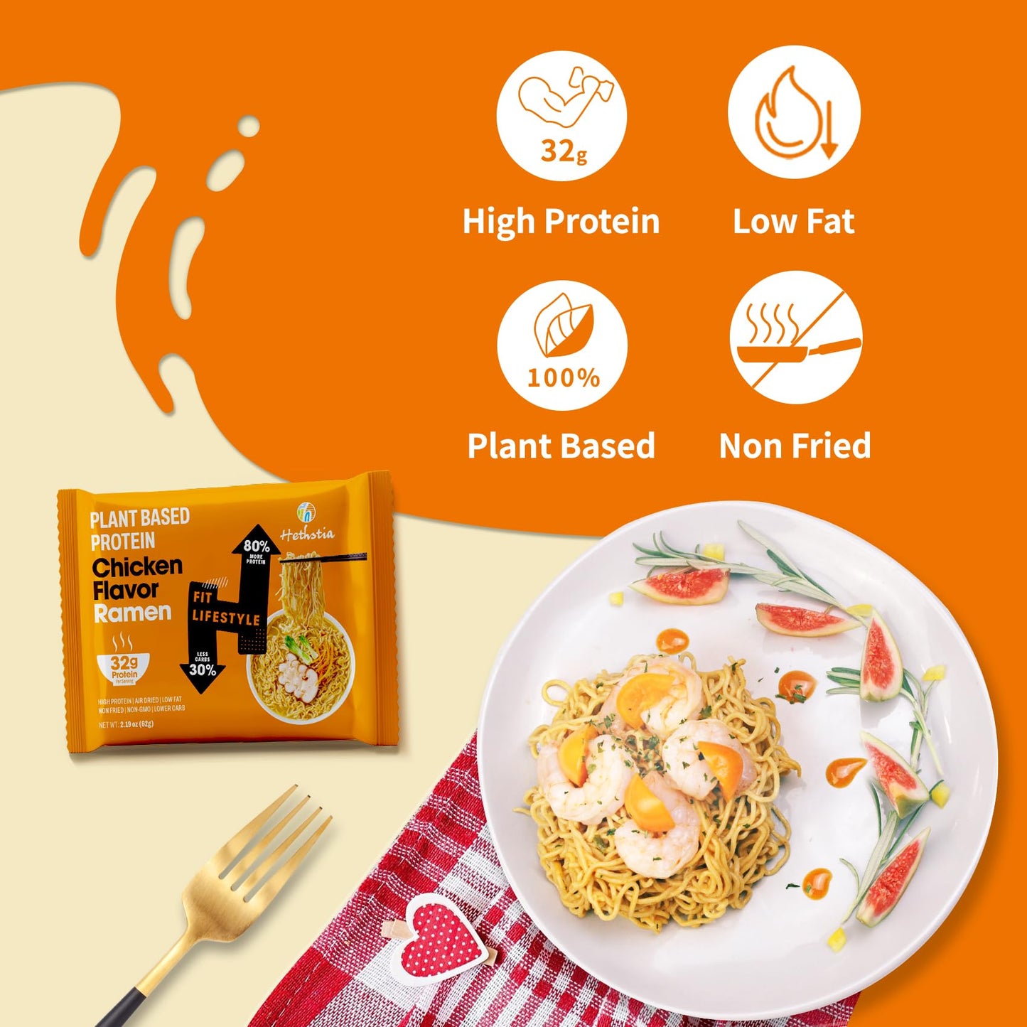 Hethstia High Protein Ramen Soup Chicken Flavor  6-Pack Instant Ramen Noodles Chicken Broth  32g Plant-Based Protein  Vegan  Non-GMO  Low Fat  Egg-Free  Dairy-Free  Pre-Packaged Quick Meal