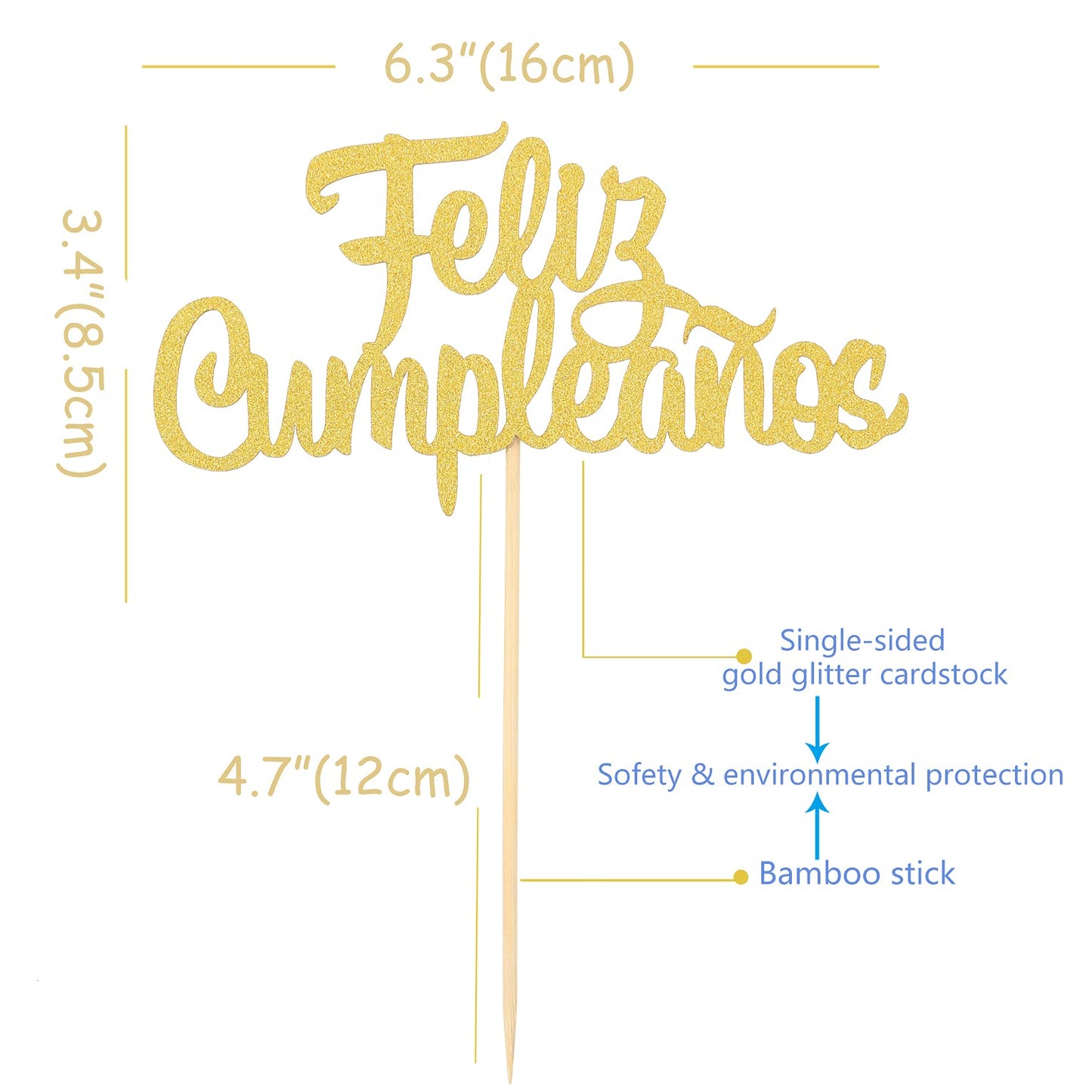 Spanish Feliz Cumpleaos Cake Topper - Gold Glitter Happy Birthday Cake Topper, Fiesta Theme Party Decoration Supplies, Single-Si