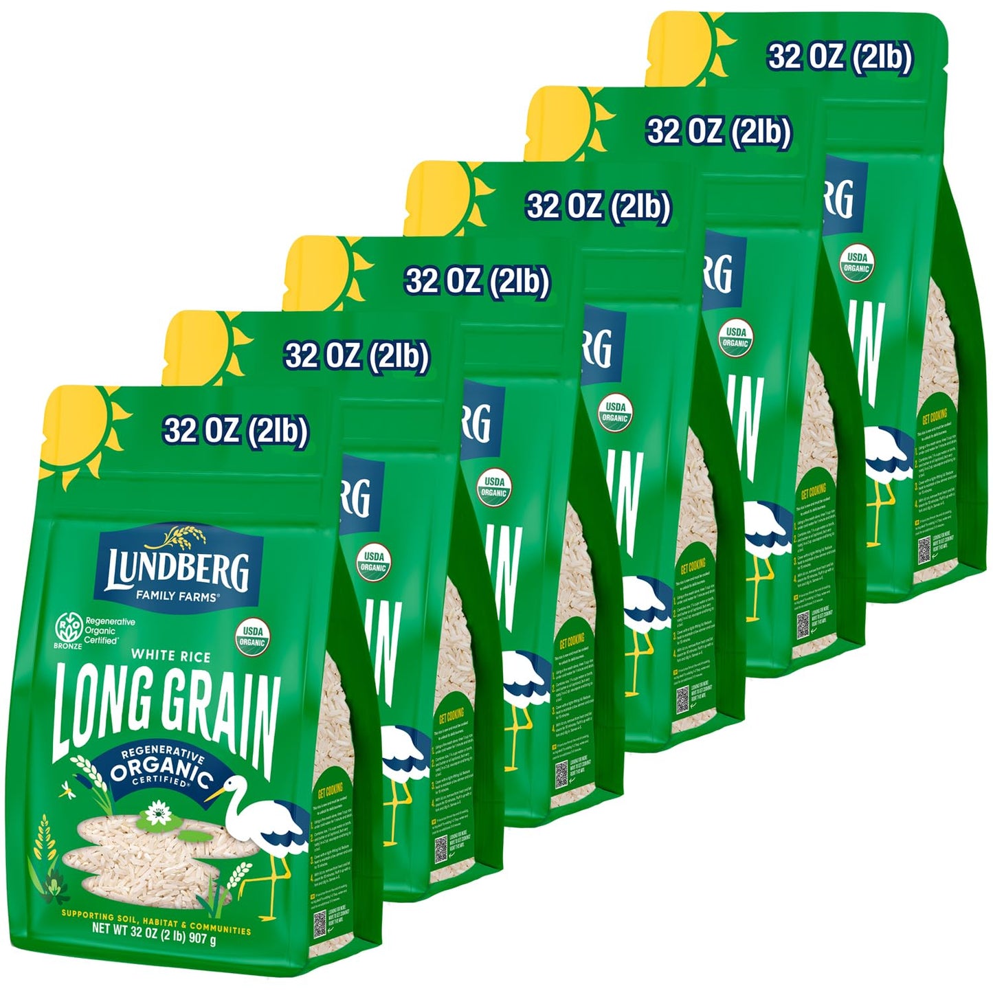 Lundberg White Rice, Regenerative Organic Certified, 6-Pack - Non-Sticky, Aromatic Long Grain Rice, Responsibly Grown in Califor