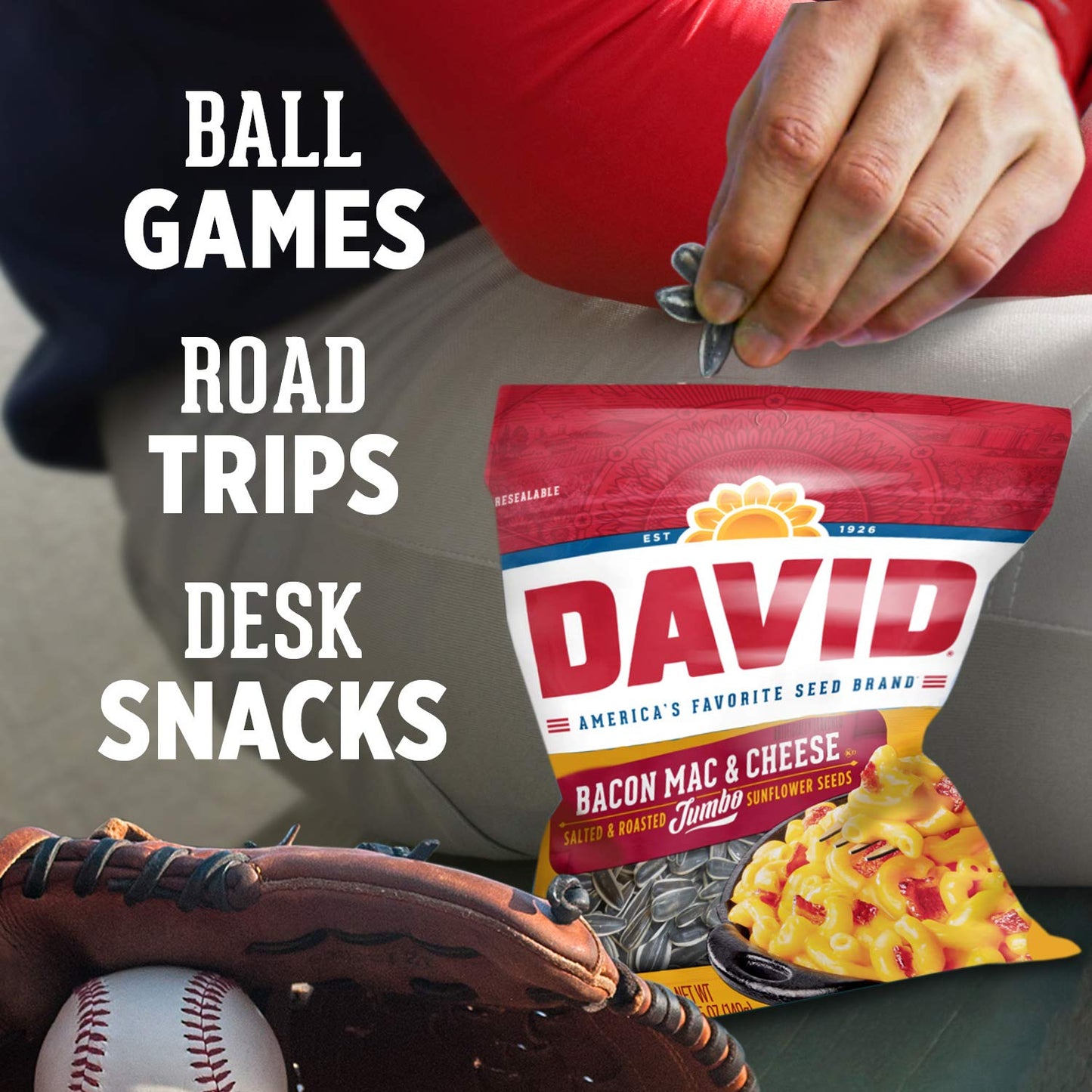 DAVID Seeds Bacon Mac and Cheese Flavored Jumbo Sunflower Seeds, Keto Friendly, 5.25 OZ Bags, 12 Pack