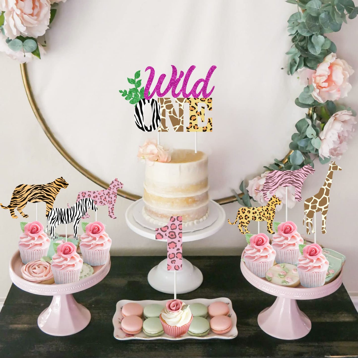 Wild One Birthday Cake Topper Girl - Wild One 1St Birthday Decorations Pink, Animal Print Cupcake Toppers, 31 Pcs Jungle Safari
