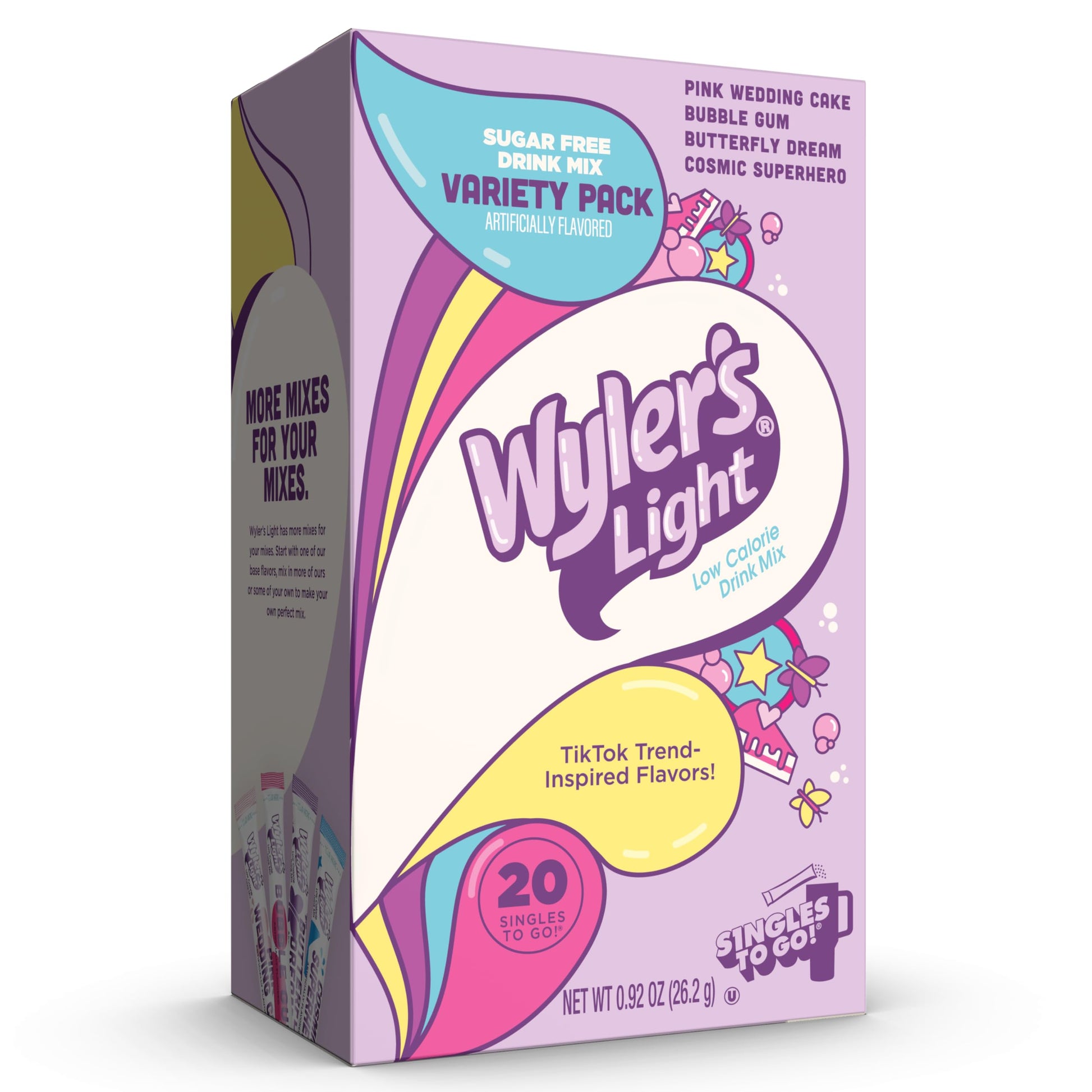 Wylers Light Singles to Go Powder Packets, Variety Pack, Sugar & Caffeine Free, 20 Count, On-The-Go, 0.92 Ounce