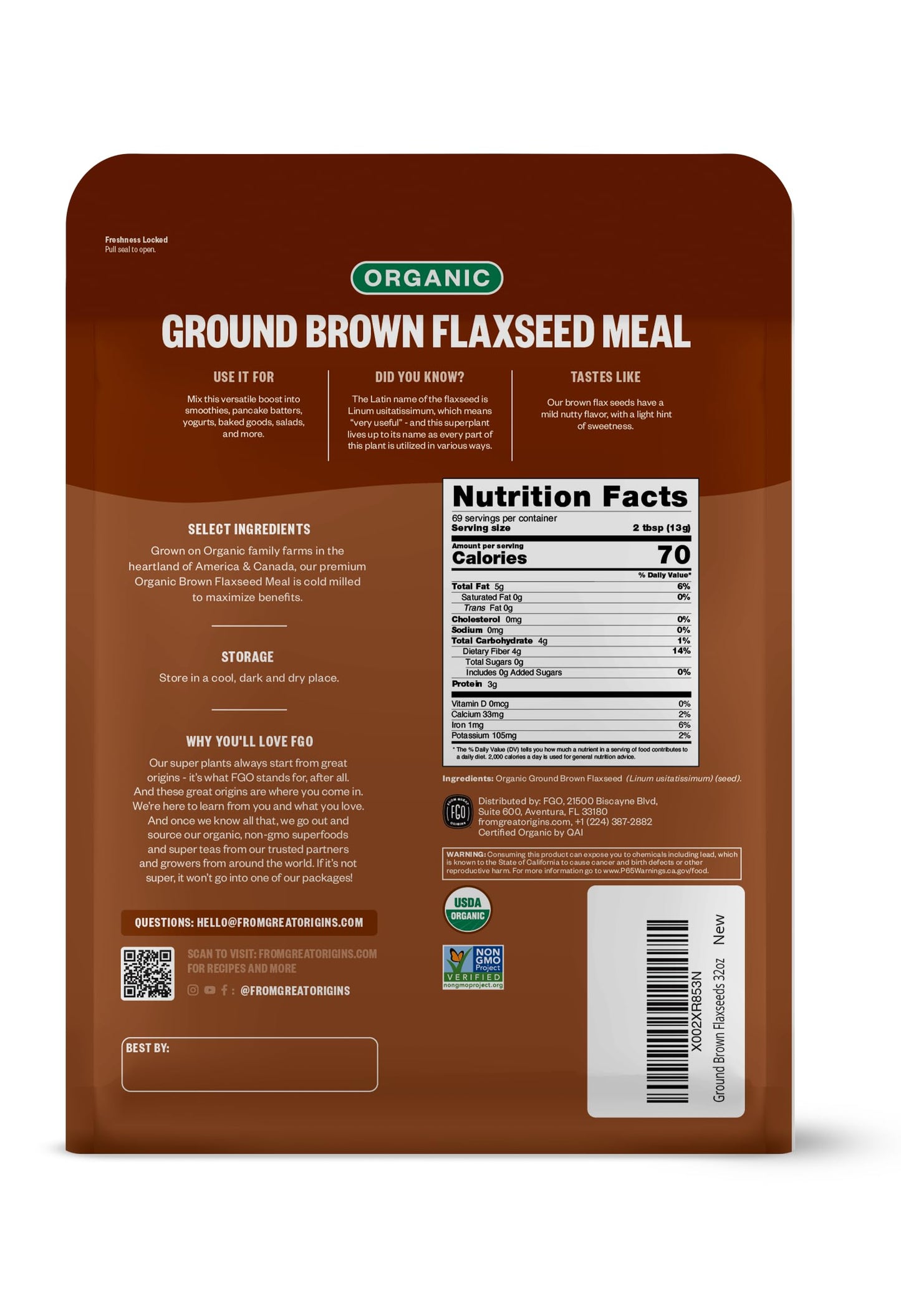 FGO Organic Ground Brown Flaxseed Meal, Cold Milled, 2 Pound Resealable Pouch, Grown in USA & Canada