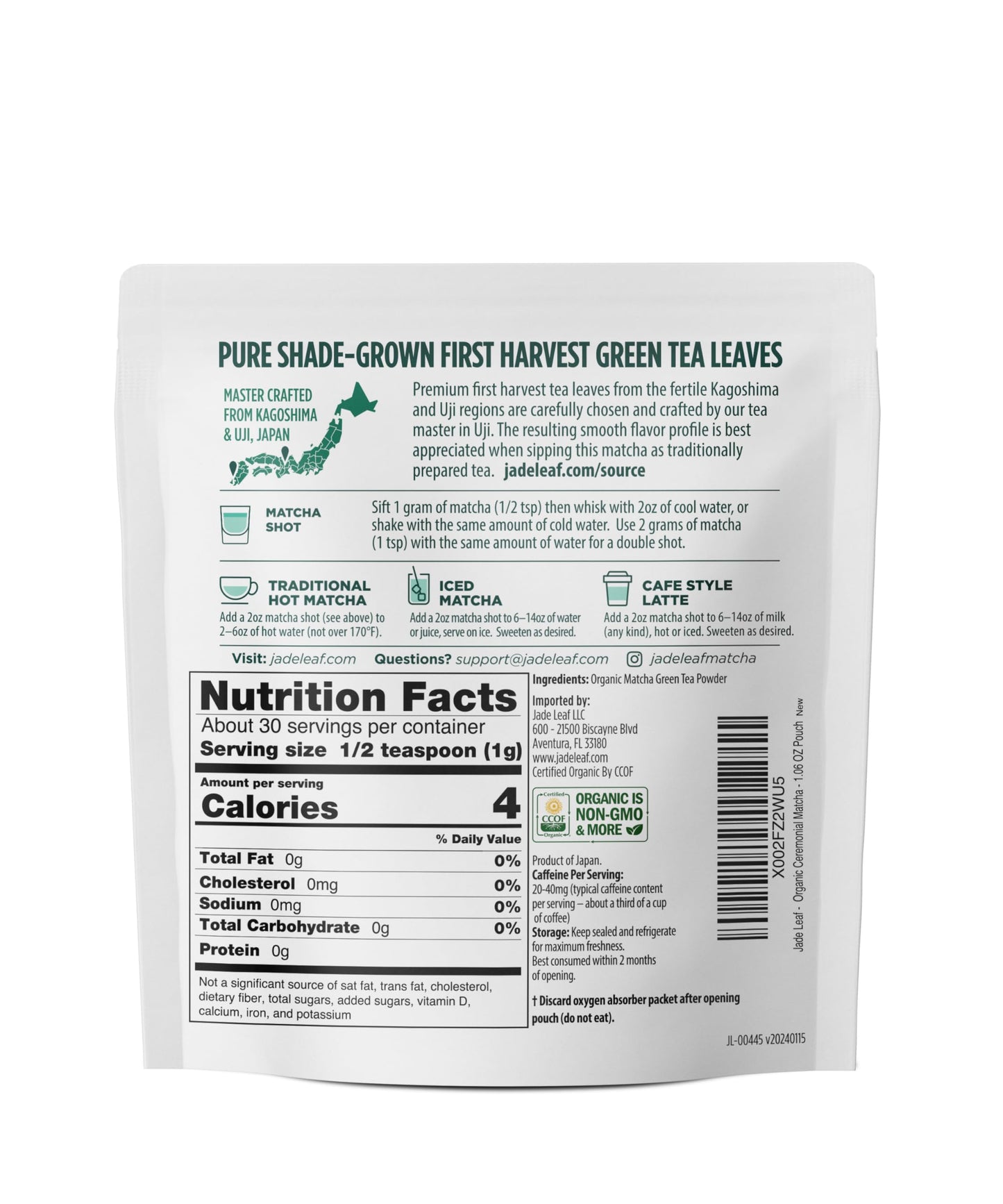 Jade Leaf Matcha Organic Ceremonial Green Tea Powder - Teahouse Edition - 1.06 Ounce Pouch - Authentic Japanese Origin