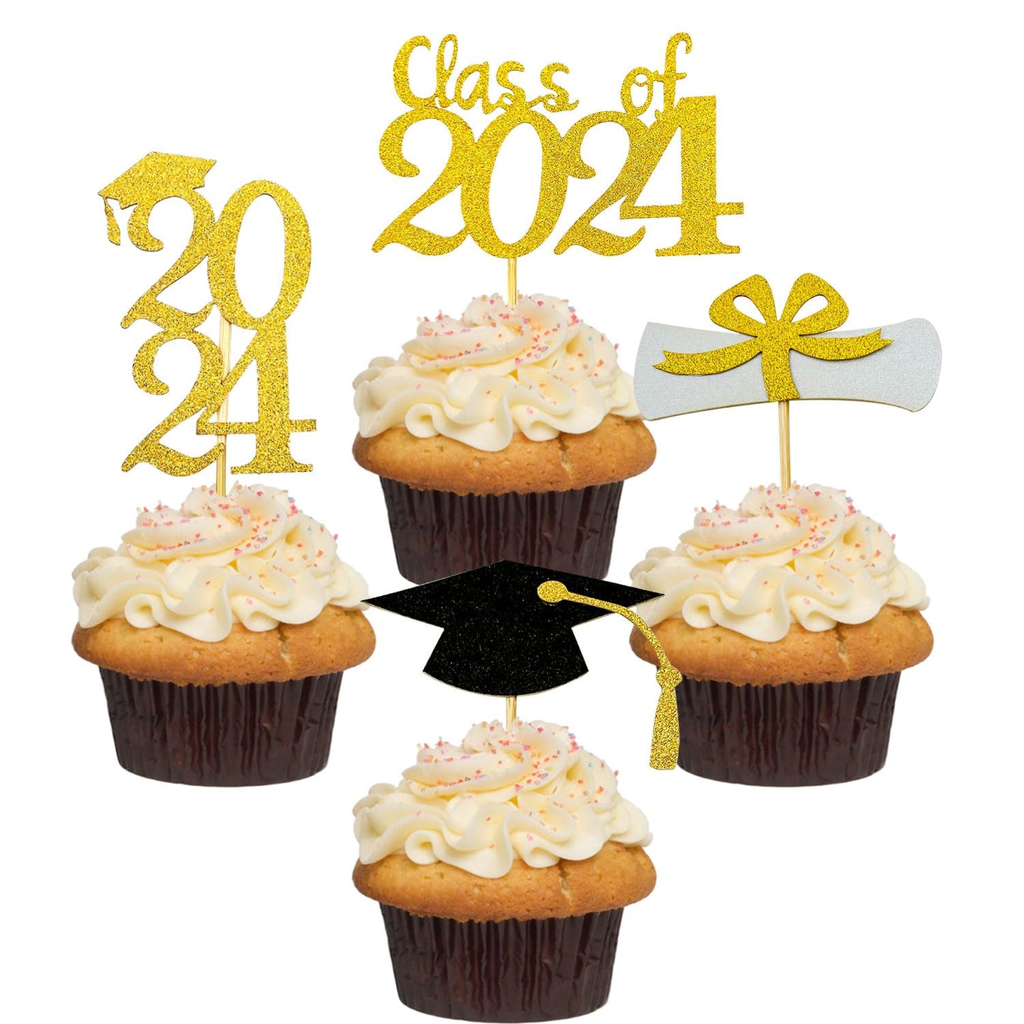 2024 Glittery Graduation Cupcake Toppers (48 Pieces) Gold And Black Class Of 2024 Graduation Cap Diploma Cupcake Toppers For Gra