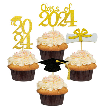 2024 Glittery Graduation Cupcake Toppers (48 Pieces) Gold And Black Class Of 2024 Graduation Cap Diploma Cupcake Toppers For Gra