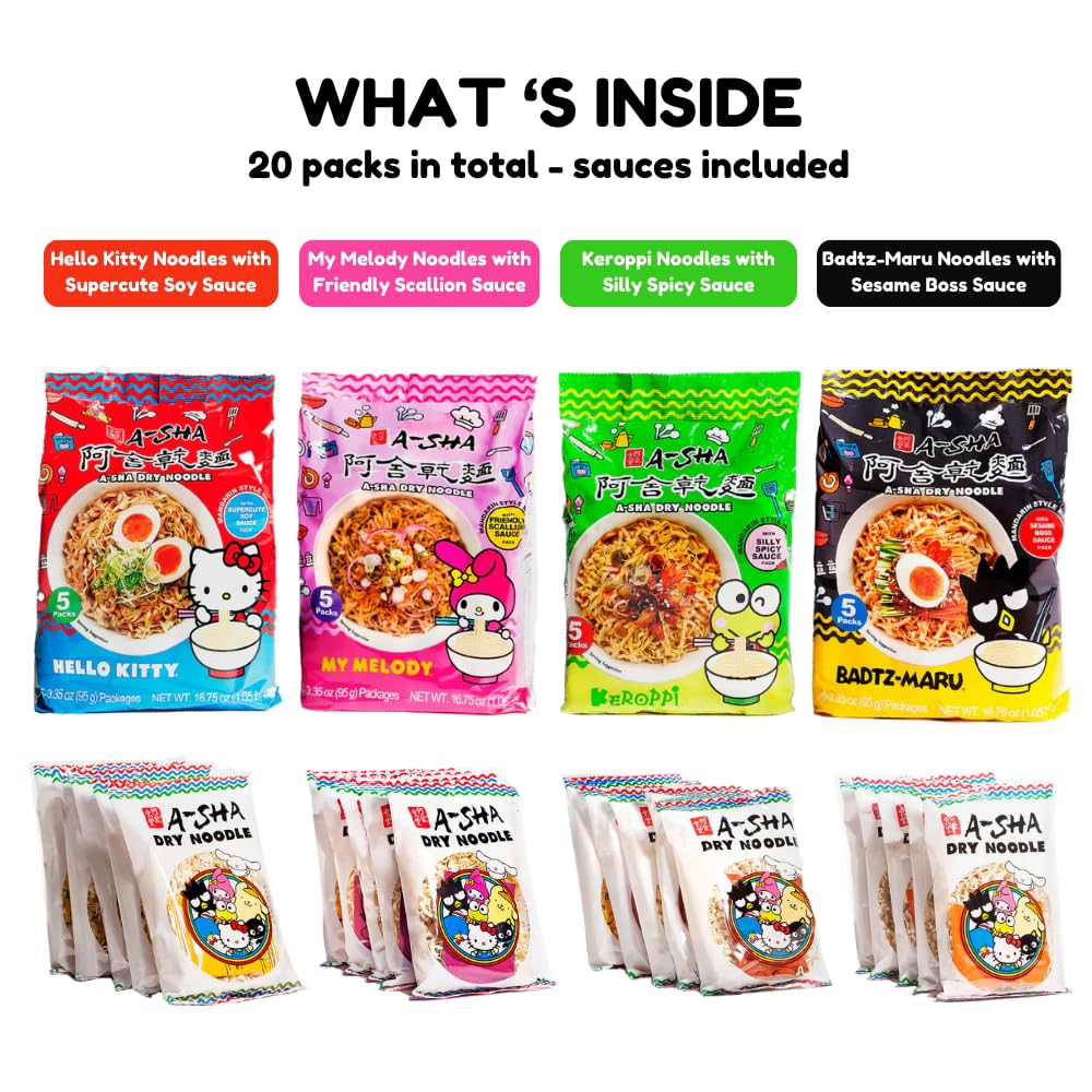 Hello Kitty X A-Sha Healthy Ramen Noodle Variety Pack (4 Flavors, 20 Count), Vegan, Air-Dried, 11G Of Plant-Based Protein