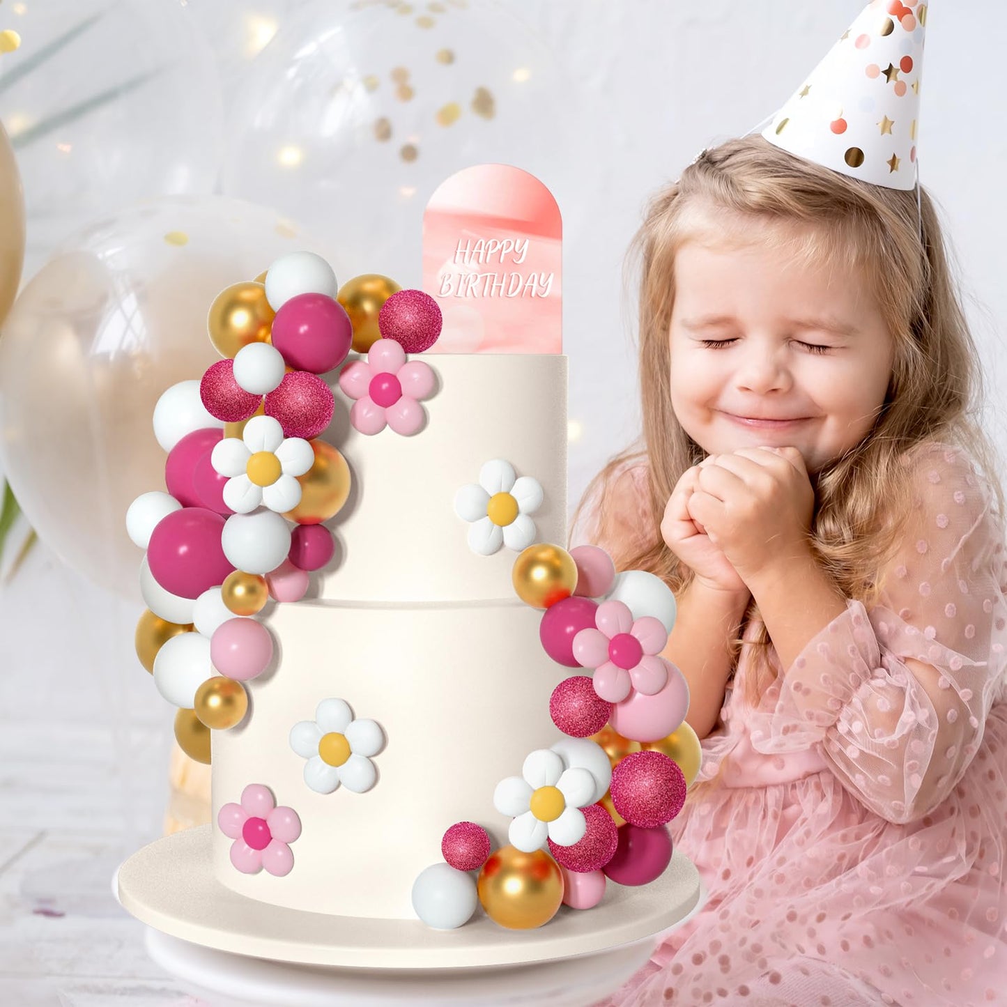Bouiexye Cake Topper Set - 61 Pcs Boho Mini Balloons & Daisy Flowers, Pink Gold, Retro Design for Birthday, Wedding, Baby Shower