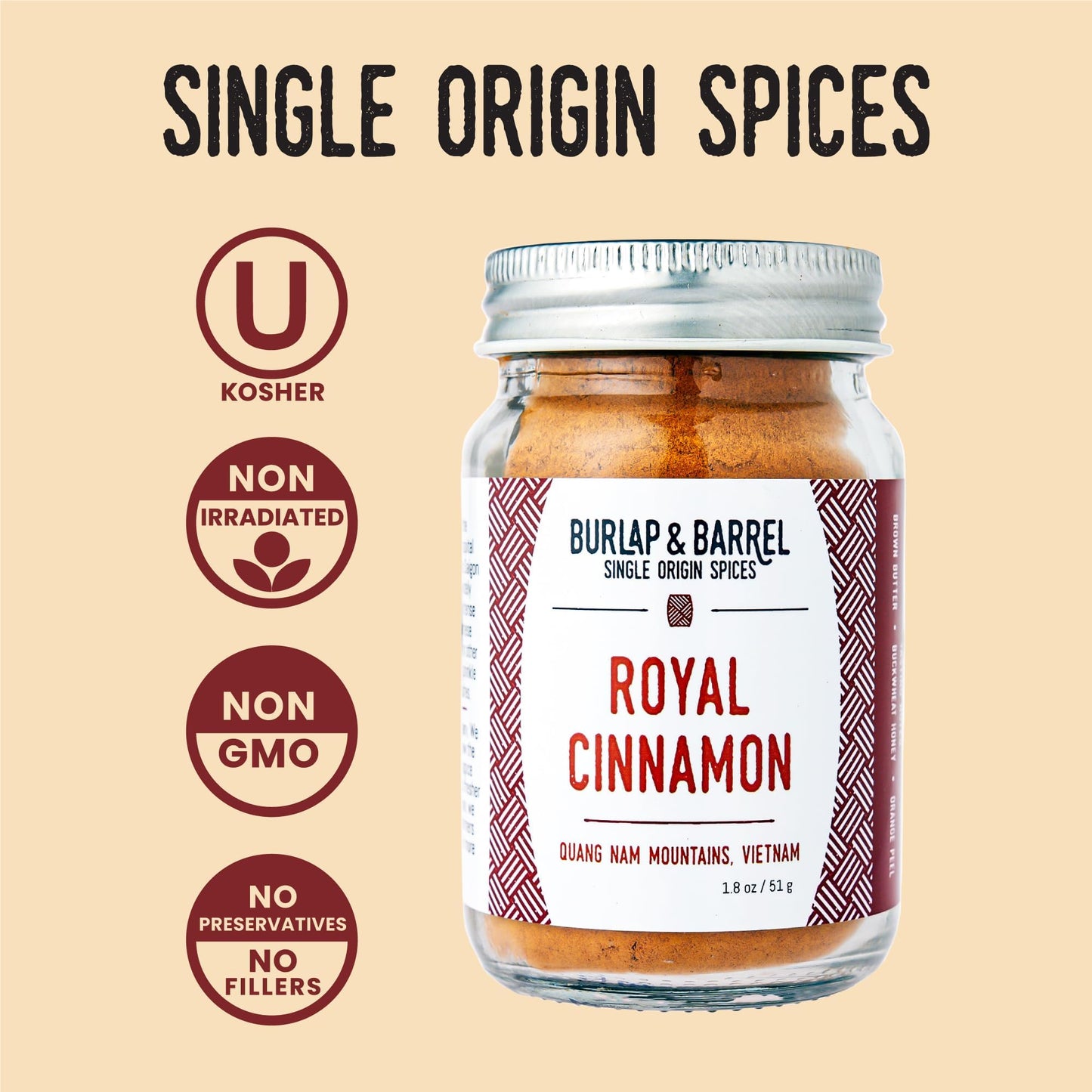 Burlap & Barrel Royal Cinnamon Powder - Intense Sweetness & Spiciness - 1.8oz Glass Jar