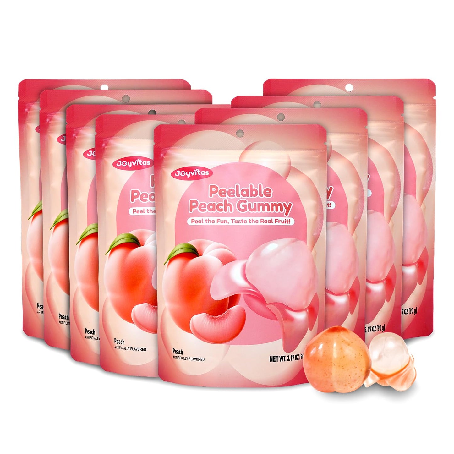 Joyvitas Peelable Gummy Peach Candy, Low Sugar, Individually Wrapped, Resealable Snacks, 25.4oz (Pack of 8)