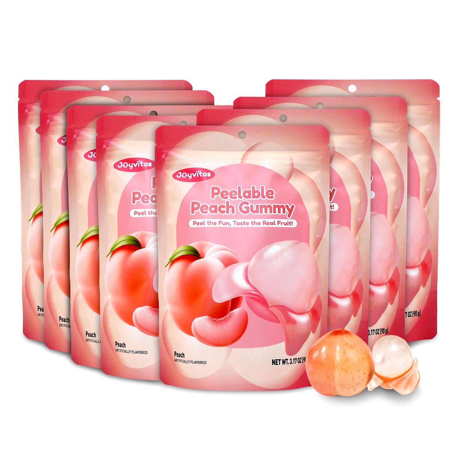 Joyvitas Peelable Gummy Peach Candy, Low Sugar, Individually Wrapped, Resealable Snacks, 25.4oz (Pack of 8)