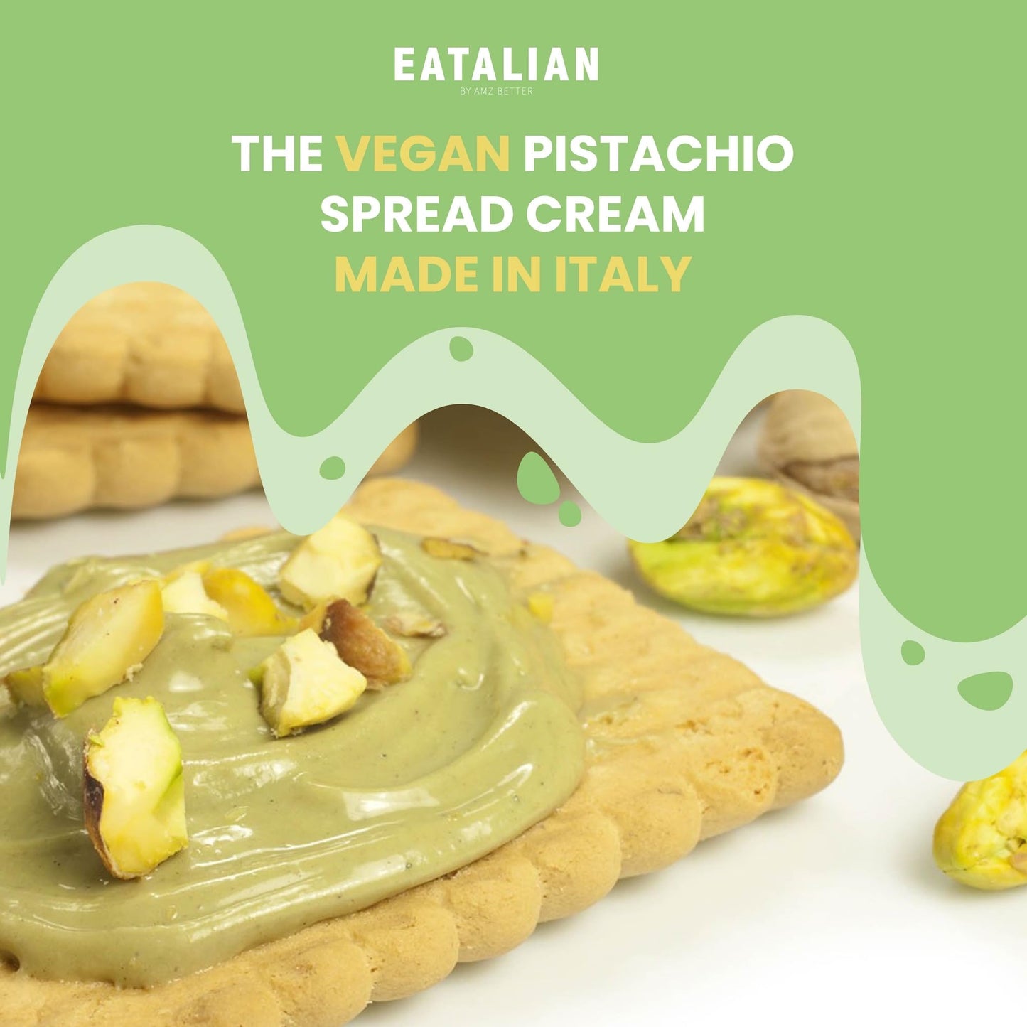 EATALIAN by AMZ BETTER Vegan Pistachio Cream, 7 oz/200 gr, Delicious vegan spread with a uniquely sweet taste, ideal on bread, p