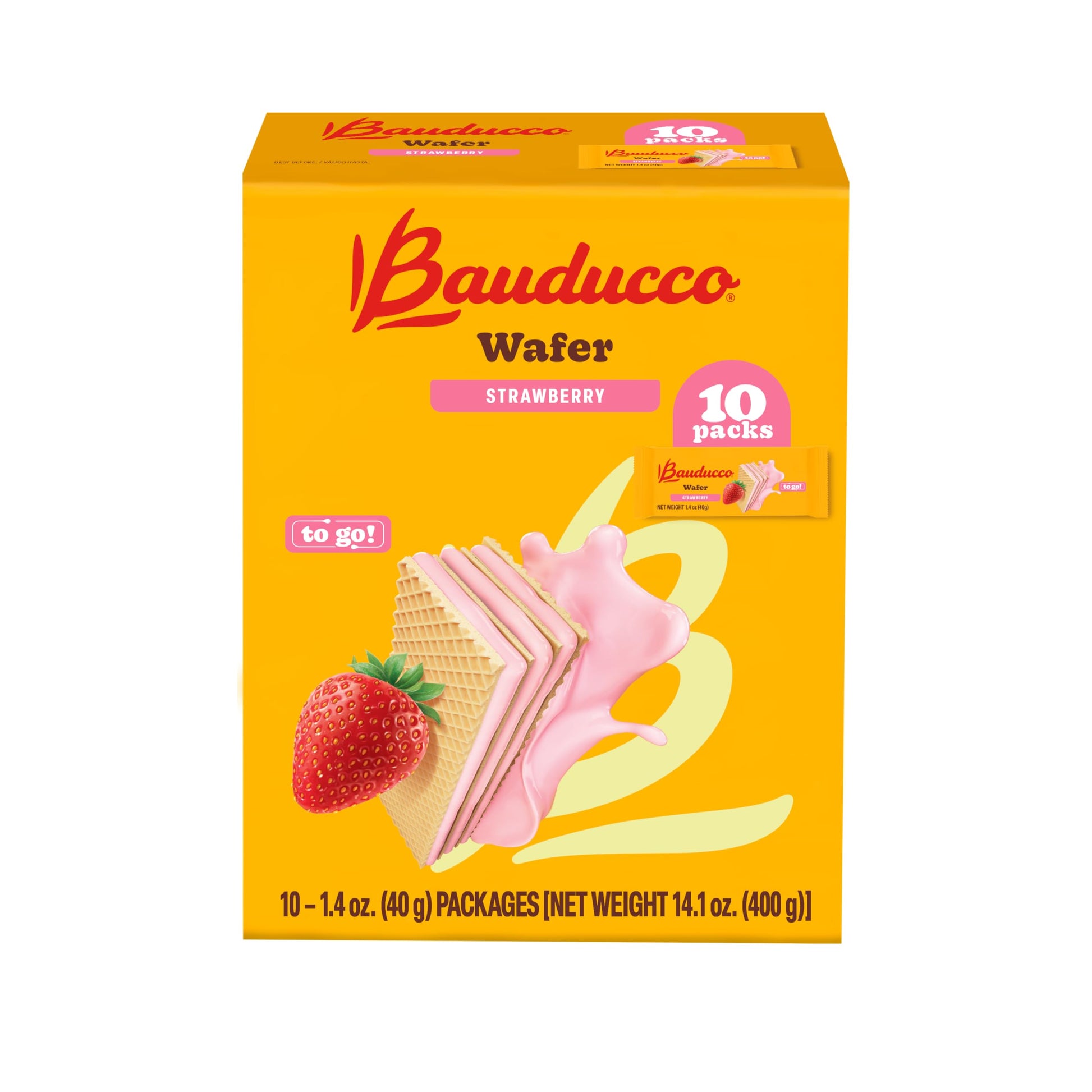 Bauducco Wafer Cookies, Strawberry, Single Serve, 14.1 oz (Pack of 10) - Individually Wrapped Crispy Wafers - Triple-Layer Cream