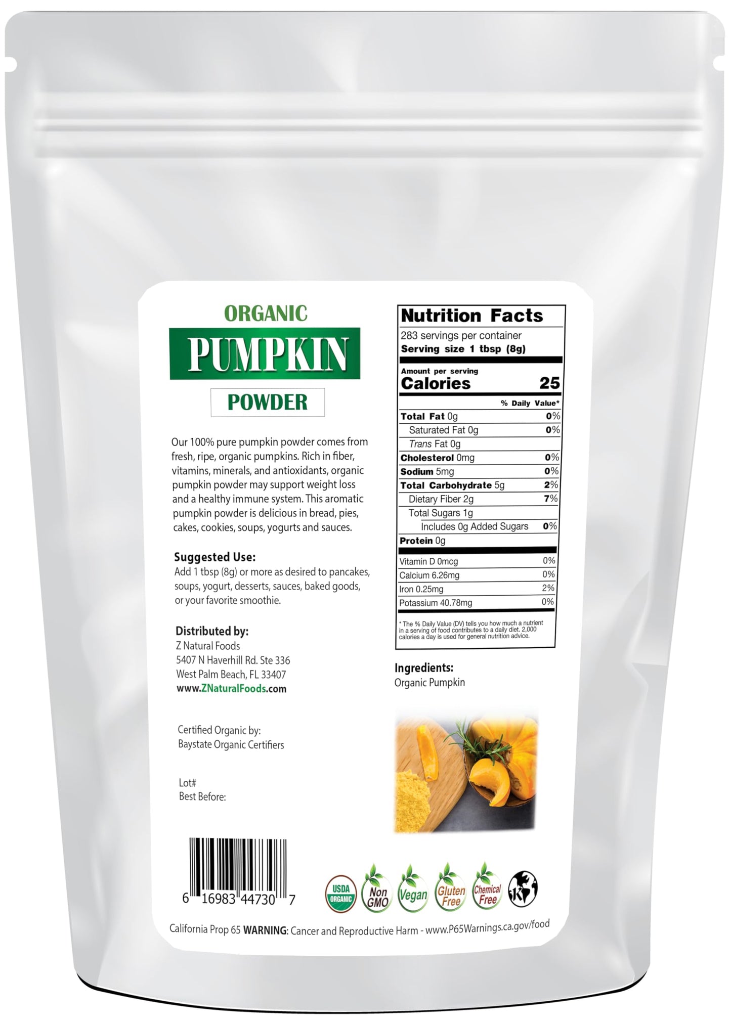 Z Natural Foods Organic Pumpkin Powder - Pure Powdered Pumpkin For Delicious Pumpkin Spice Latte, Baking, Smoothies, Juice, Pure