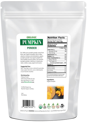 Z Natural Foods Organic Pumpkin Powder - Pure Powdered Pumpkin For Delicious Pumpkin Spice Latte, Baking, Smoothies, Juice, Pure