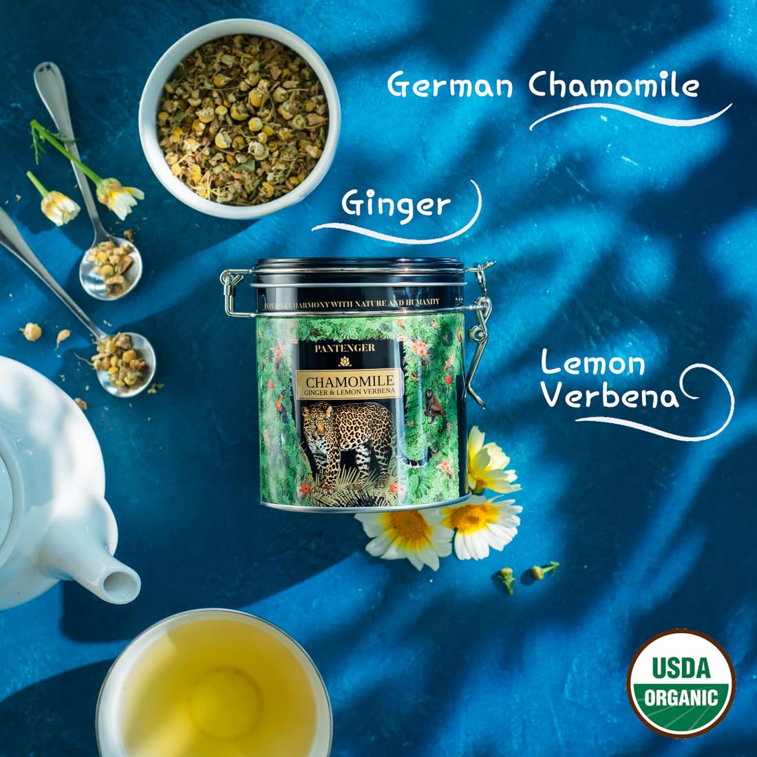 Pantenger Organic German Chamomile & Ginger Herbal Tea - Caffeine Free, 2 Ounce Loose Leaf, 40 Servings