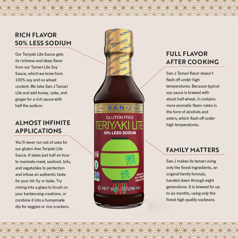 San-J - Gluten Free Lite Teriyaki Sauce With 50% Less Sodium - Well-Balanced Sauce For Cooking - Non-Gmo - 10 Oz. Bottles - 6 Pa
