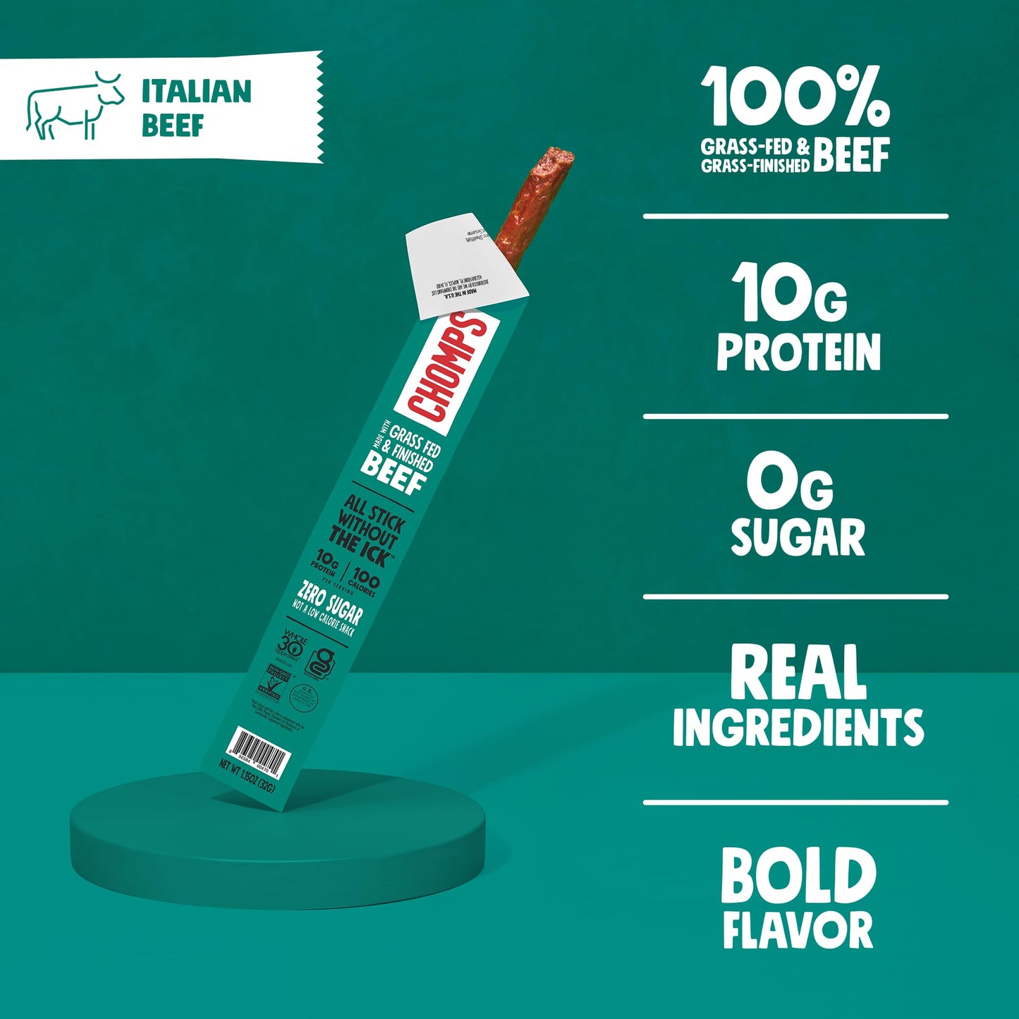 Chomps Grass-Fed and Finished Italian Beef Jerky Snack Sticks 10-Pack - Keto, Paleo, Whole30, 10g Lean Meat Protein, Gluten-Free