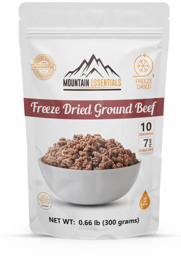 Mountain Essentials Freeze-Dried Ground Beef – Pre-Cooked And Ready-To-Eat Hamburger Meat | Everyday Meal Prep, Emergency Food Supply, Camping And Survival Food | 10 Servings Per Pouch | Made In Usa | 7-Year Shelf Life | Pack Of 1