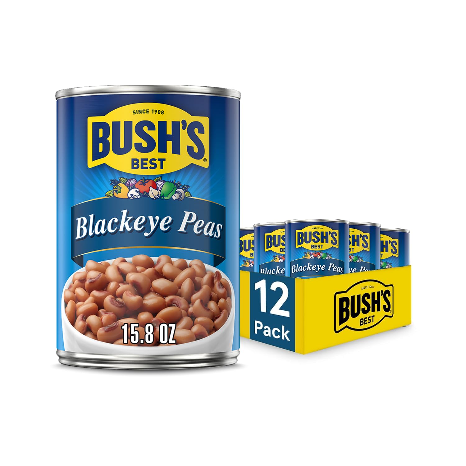 BUSH S BEST 15.8 oz Canned Blackeye Peas, Source of Plant Based Protein and Fiber, Low Fat, Gluten Free, (Pack of 12)