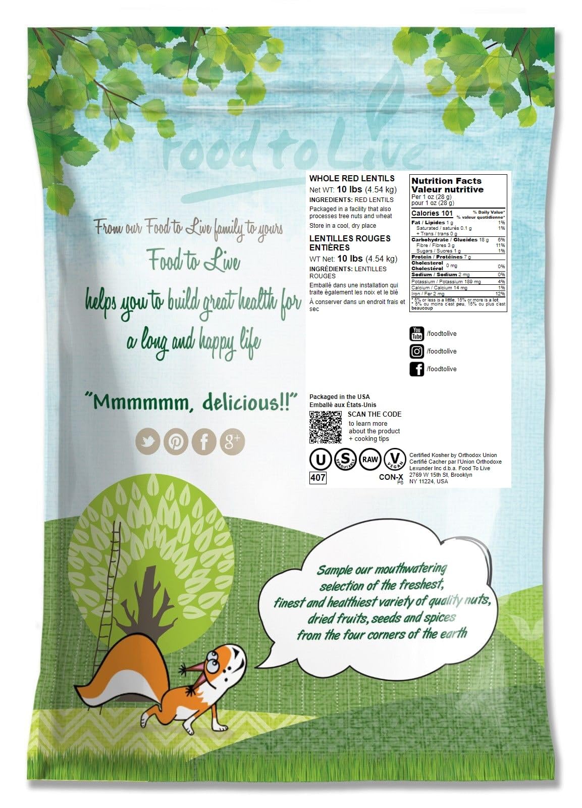 Food To Live - Whole Red Lentils, 10 Pounds - Dry Raw Lentils, Sproutable, Vegan, Kosher, Bulk. Quick-Cooking. Good Source Of Di
