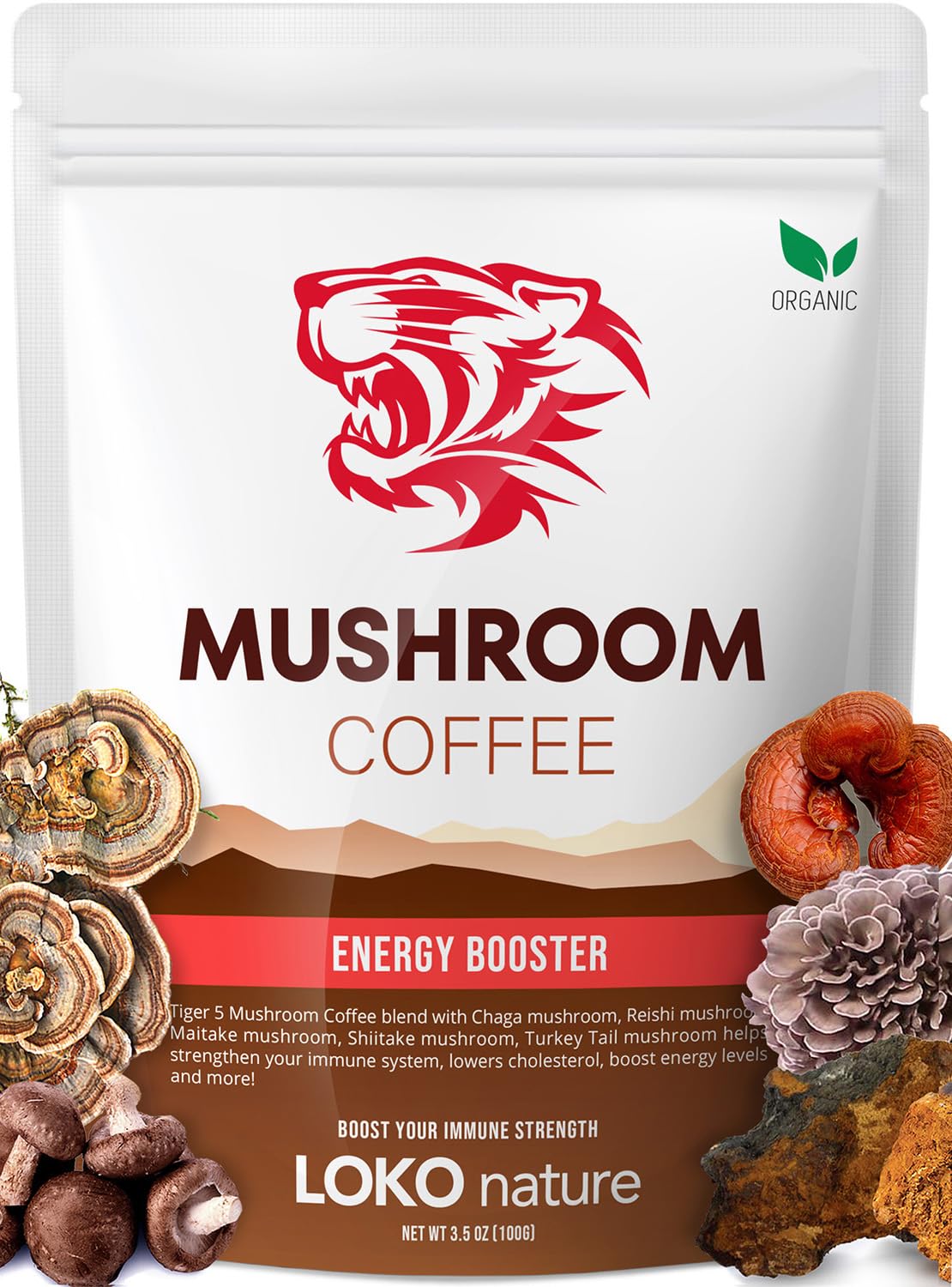 LOKO nature Tiger Organic Instant Coffee - 30 Servings, 3.6 Ounce, Gluten & Dairy Free, Vegan, with 5 Mushrooms, Model LSKTGMC19