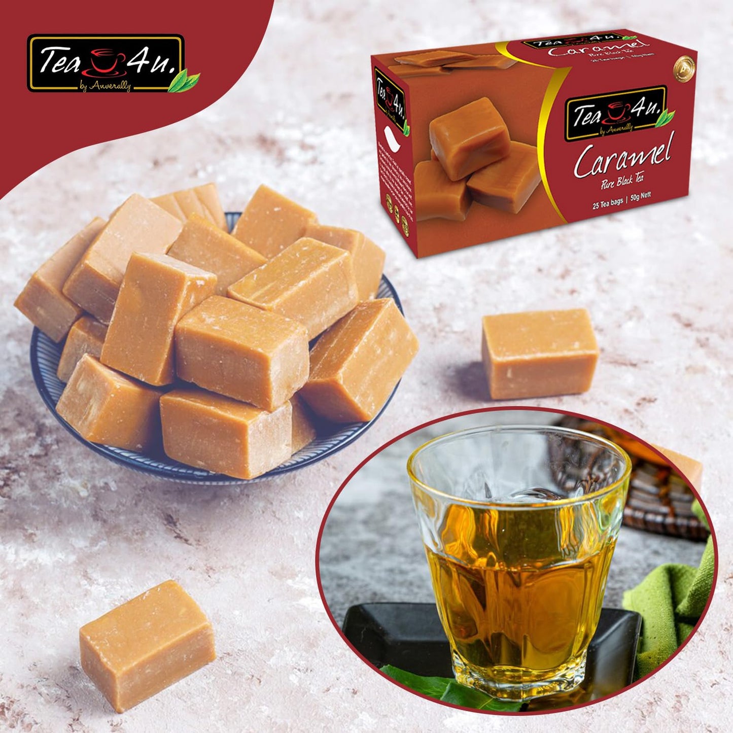TEA 4U Flavored Black Tea Bags - Original Ceylon Tea, Caramel Flavor, 1 Count (Pack of 25)