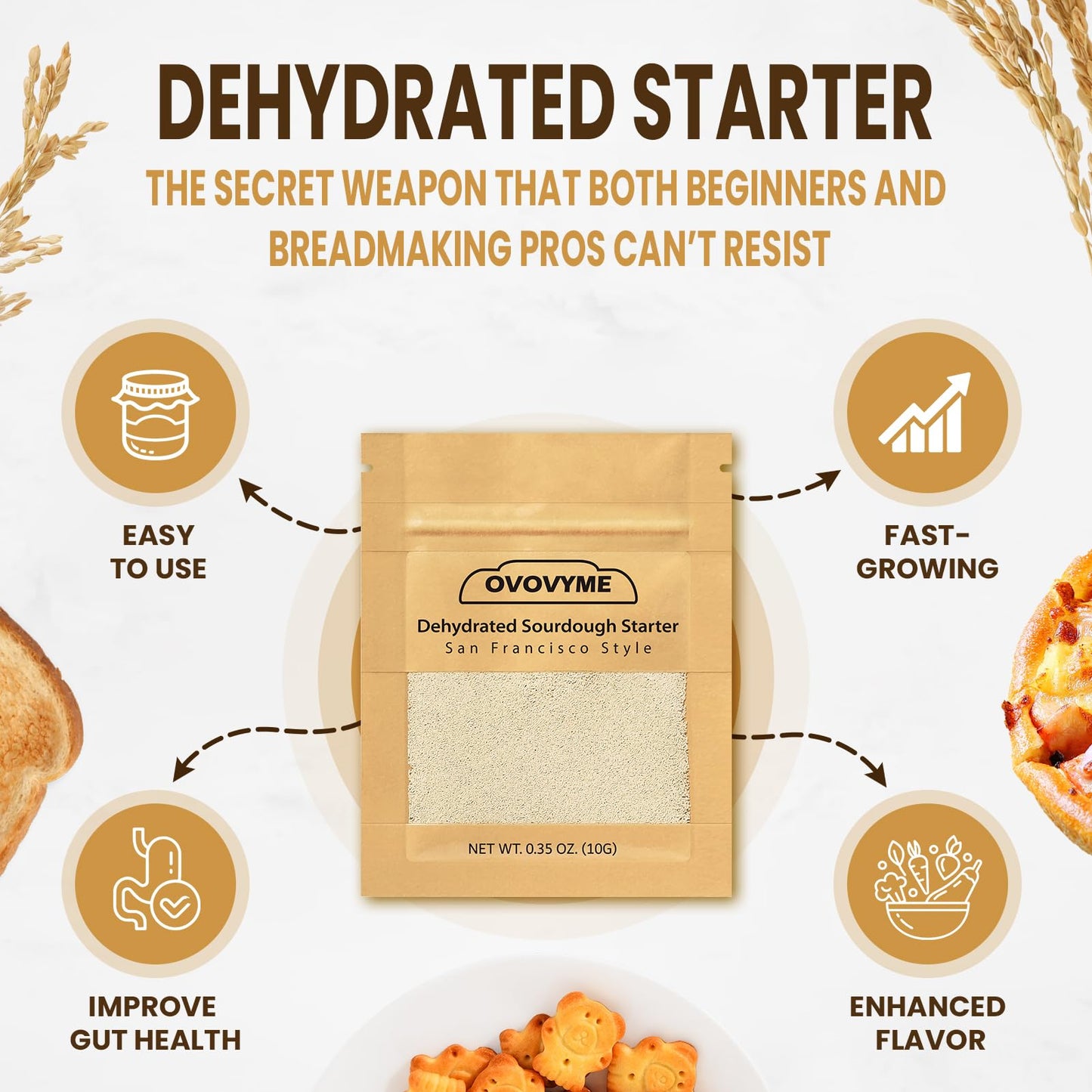 OVOVYME Dehydrated Sourdough Starter Culture, Fast Activation, 10g, San Francisco Style, for Homemade Artisan Bread