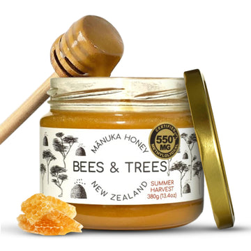 Bees & Trees Manuka Honey 550+ MGO - Pure New Zealand Raw Monofloral Honey - Unpasteurized & Natural - 380g (13.4oz) Glass Jar -