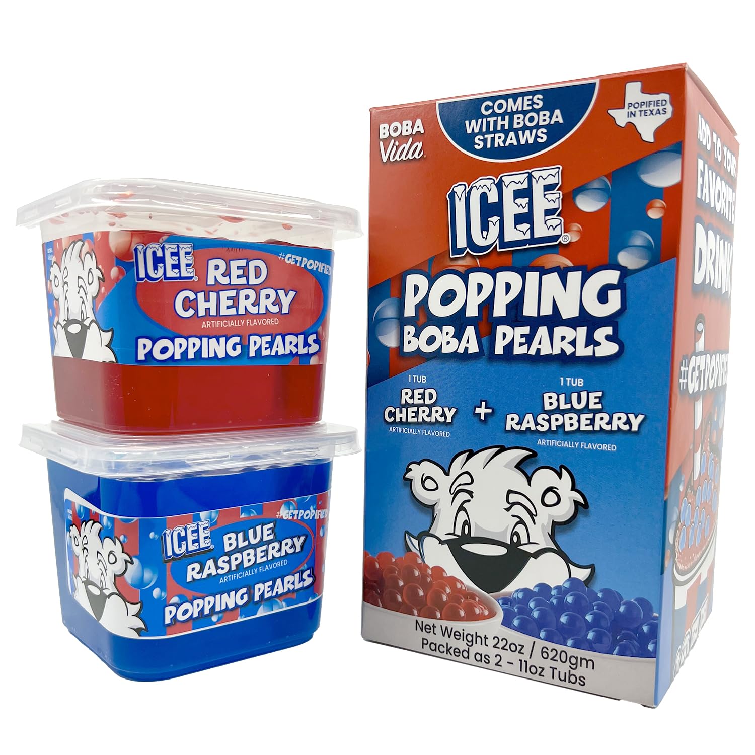 BOBAVIDA Popping Boba Pearls Variety Pack - Blue Raspberry & Red Cherry, 2 Tubs, ICEE-Inspired Flavor, Includes Straws